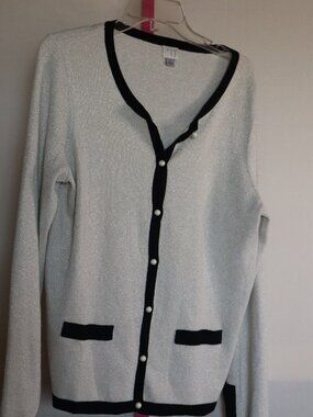 A New Day, Silver Metallic Cardigan Sweater, Pearl-like buttons Size Large New